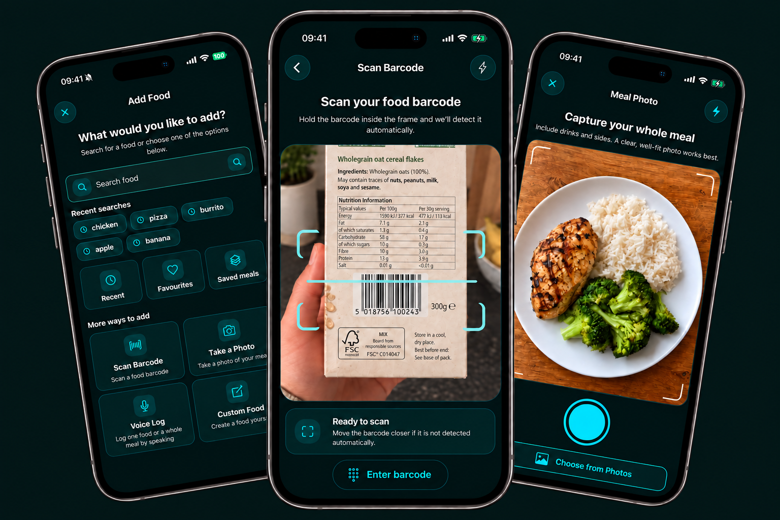Three FindMyBalance phones showing Add Food, Scan Barcode and Meal Photo